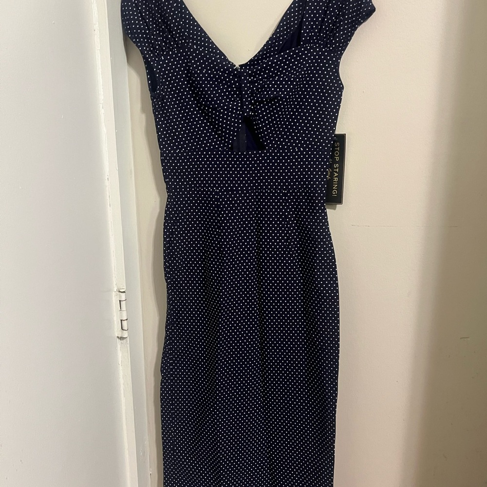 Stop Staring Midnight Retro Blue Polka Dot Midi Dress with Peephole Chest